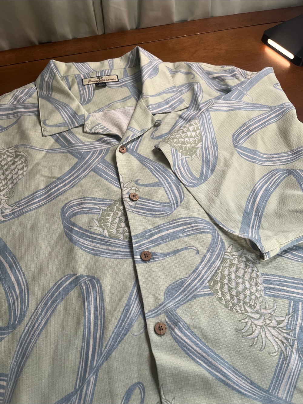 Tommy Bahama 100% Silk Light Green Pineapple & Blue Ribbon Camp Shirt XXL
